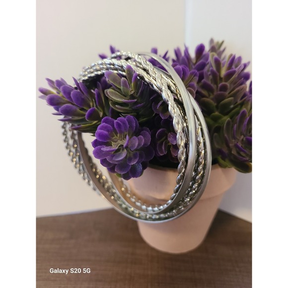 Silver Tone Stackable Bangle Bracelet Set 8 Piece Twisted Rope Smooth Minimalist - Picture 6 of 7